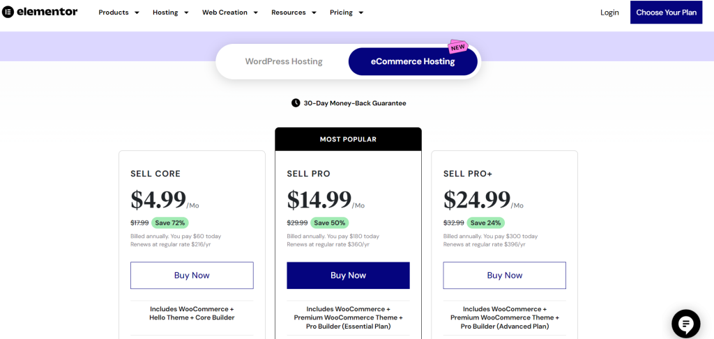 Elementor eCommerce Hosting Plans