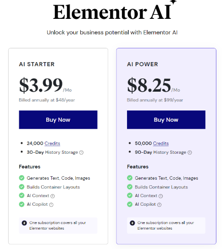 Elementor AI Plan & Pricing
