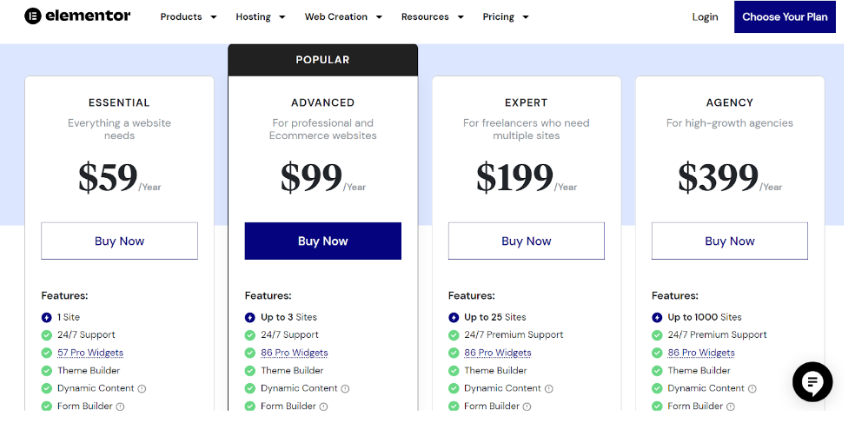 Elementor Pricing and Plans