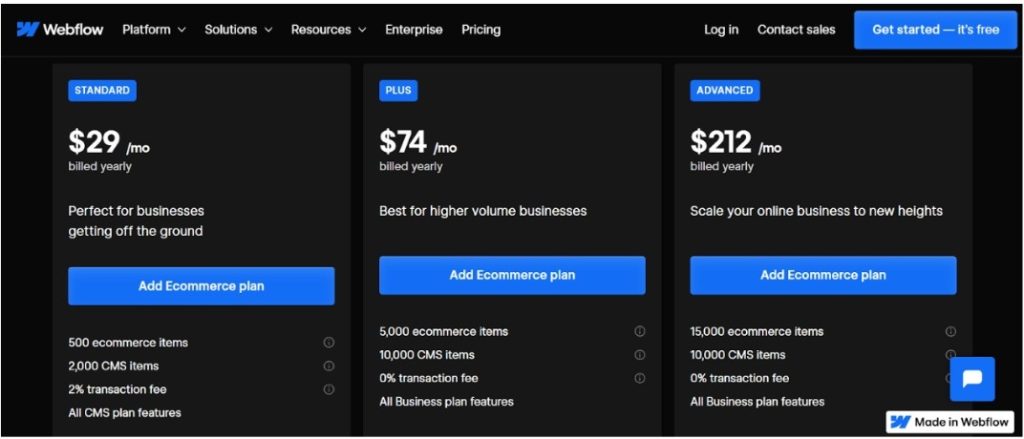 Webflow Pricing Standard plan